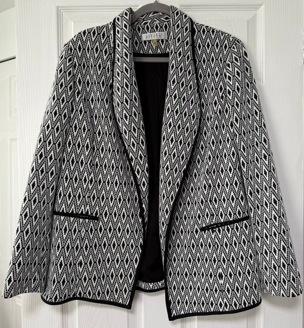 Kasper Women's Knit Diamond Print Open Front Blazer Jacket Size 12